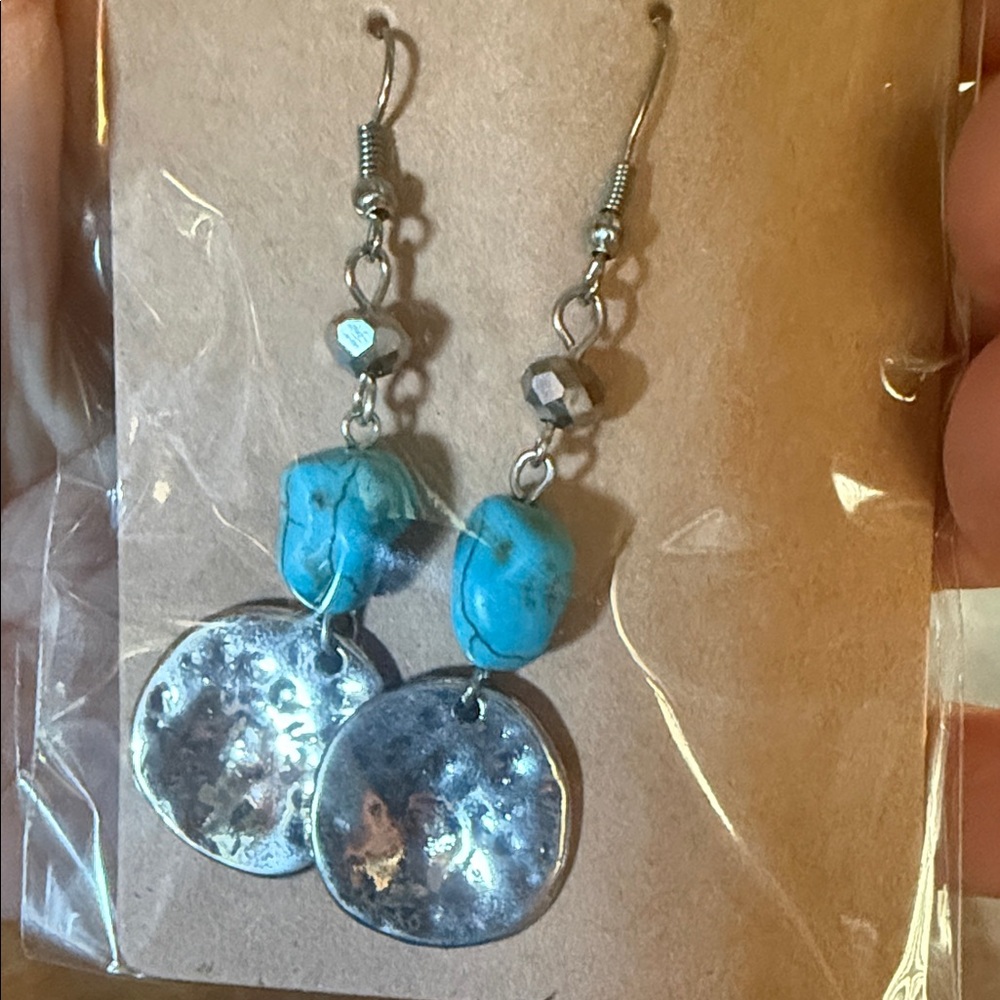 Turquoise Stone and Silver Disc Drop Earrings - Women Jewelry